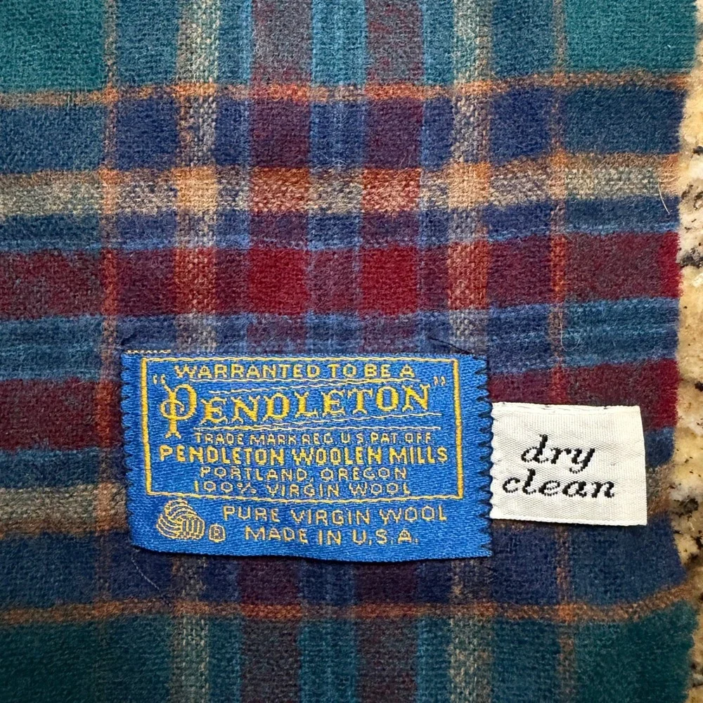 Pendleton Vintage 100% Virgin Wool Plaid Scarf Teal Blue Burgundy Made in USA